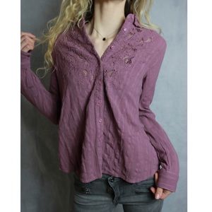 Free People Lilac Embroidery Button Down Shirt Top
